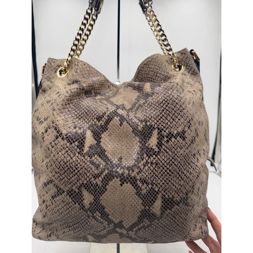 Michael Kors Snakeskin Embossed Leather Hobo Bag Brown Gold Hardware Crossbody